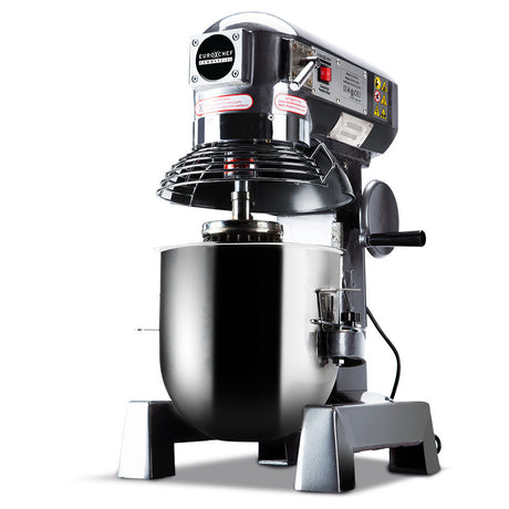 Silver 10 L commercial planetary stand mixer, 750 W, with stainless steel bowl and bowl guard