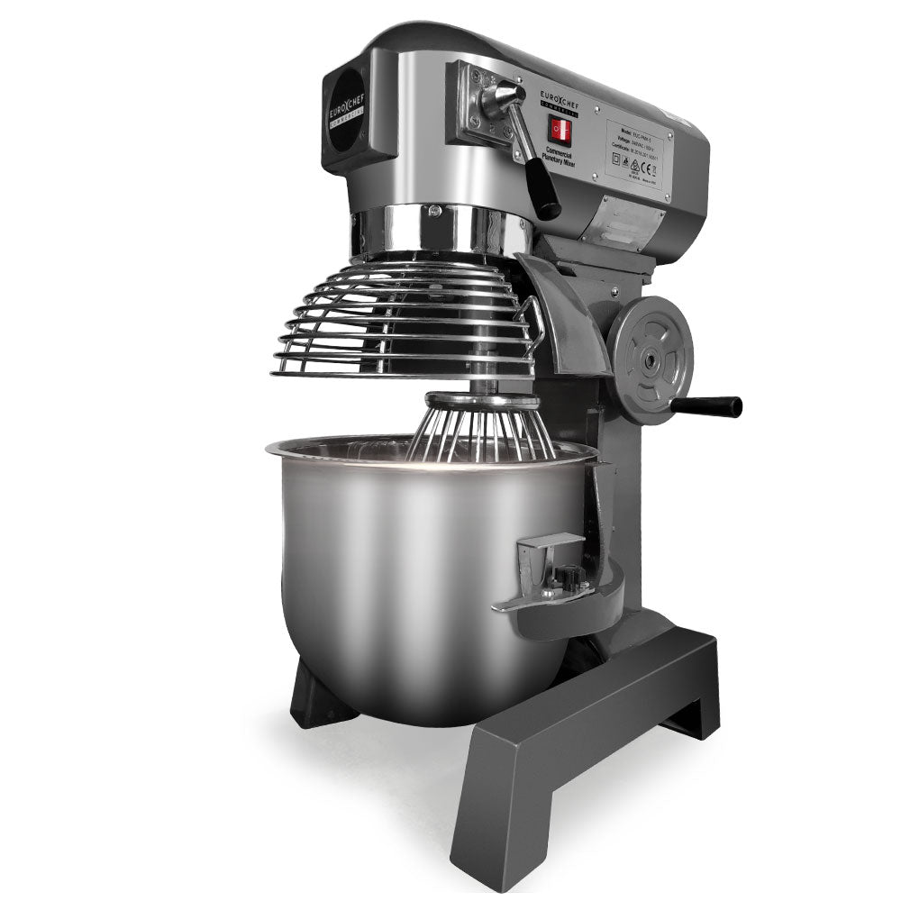 Silver 20 L commercial planetary stand mixer, 1100 W, with stainless steel bowl and bowl guard