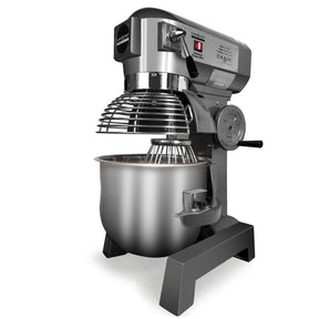 Silver 20 L commercial planetary stand mixer, 1100 W, with stainless steel bowl and bowl guard