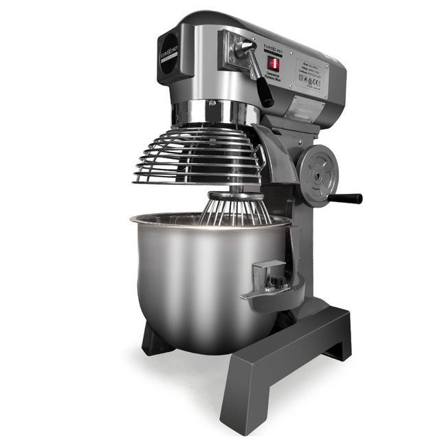 Silver 20 L commercial planetary stand mixer, 1100 W, with stainless steel bowl and bowl guard