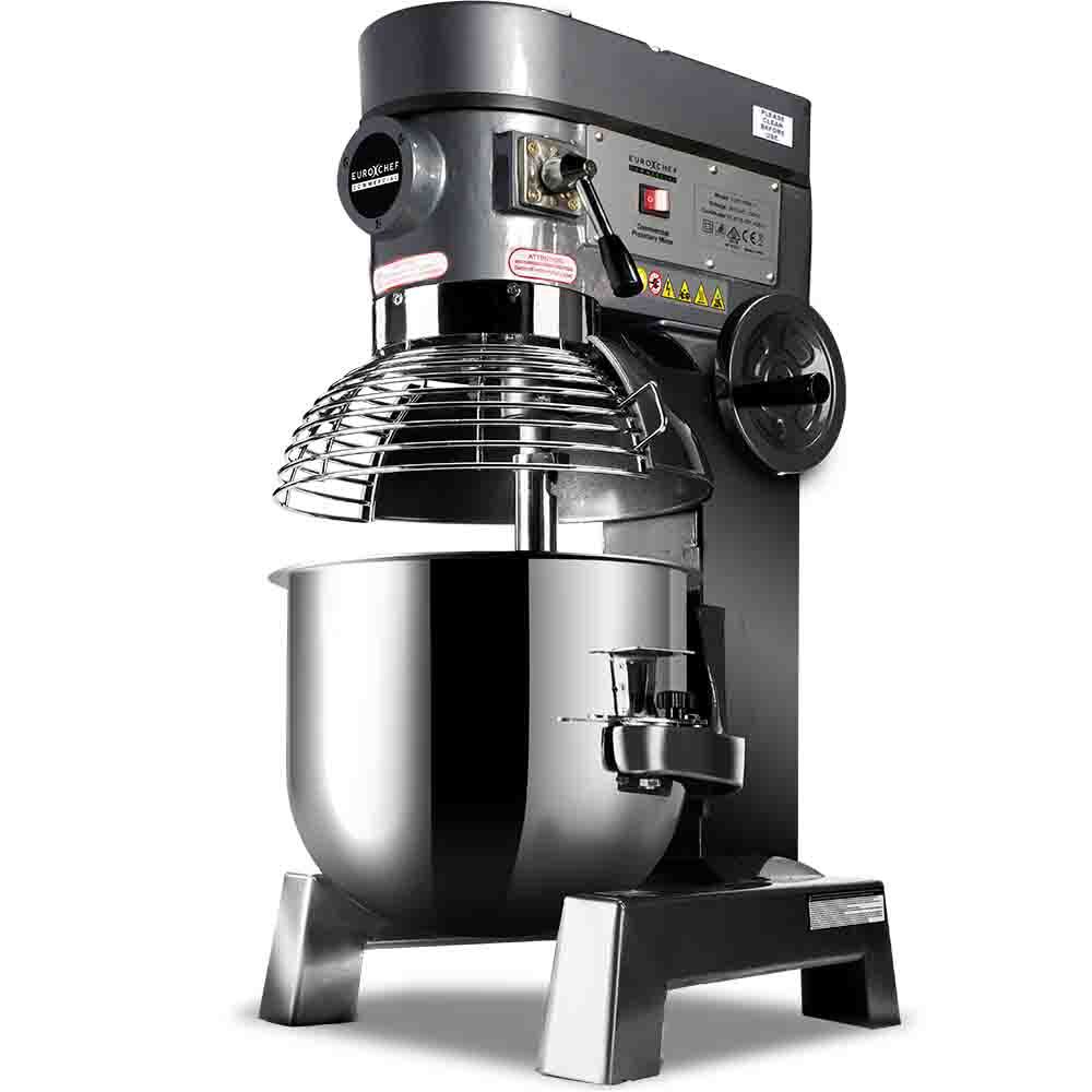 Silver 30 L floor standing commercial planetary mixer, 1500 W, with stainless steel bowl and guard