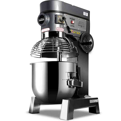 Silver 30 L floor standing commercial planetary mixer, 1500 W, with stainless steel bowl and guard