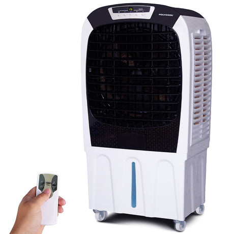 Commercial evaporative air cooler with 80 L water tank and castor wheels