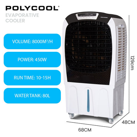 Air cooler dimensions 68 cm wide, 44 cm deep and 129 cm high