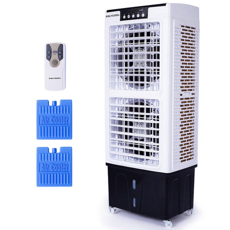 Portable evaporative air cooler with 35 L water tank and castor wheels