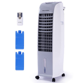 Grey and white portable evaporative air cooler with 8 L water tank