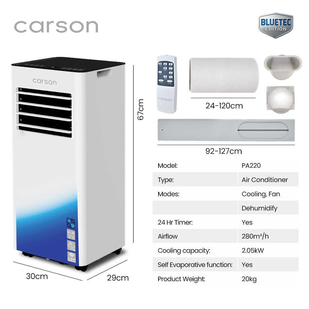 Dimensions diagram for the 2.05 kW portable air conditioner