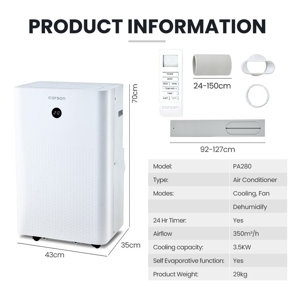 Portable air conditioner with window exhaust kit and remote control