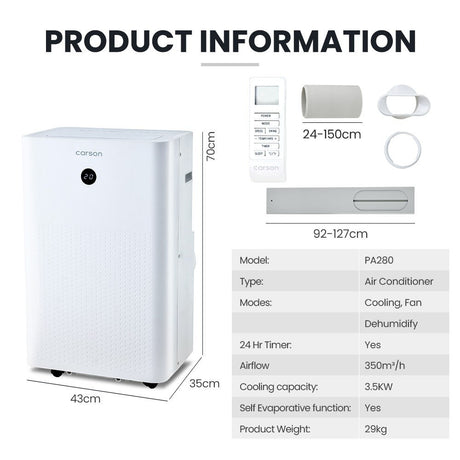 Portable air conditioner with window exhaust kit and remote control