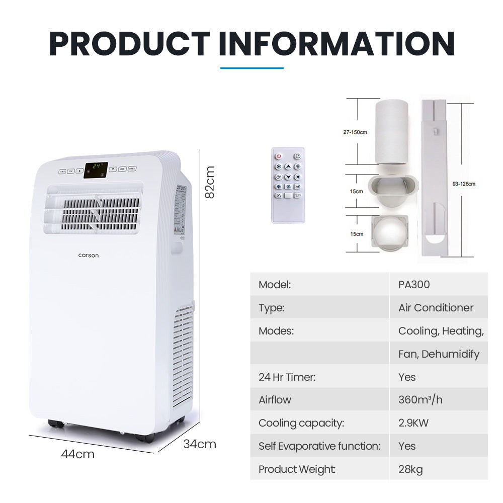 Dimensions diagram for the 2.9 kW portable air conditioner and heater
