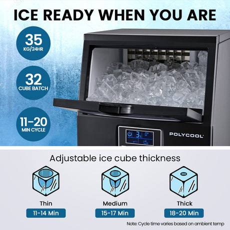 Front view of the ice maker with LCD control panel and viewing window