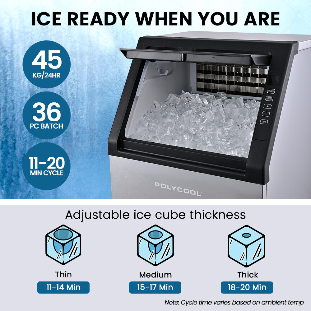21 mm square ice cubes produced by the commercial ice maker