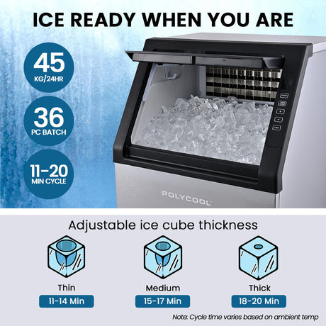 21 mm square ice cubes produced by the commercial ice maker