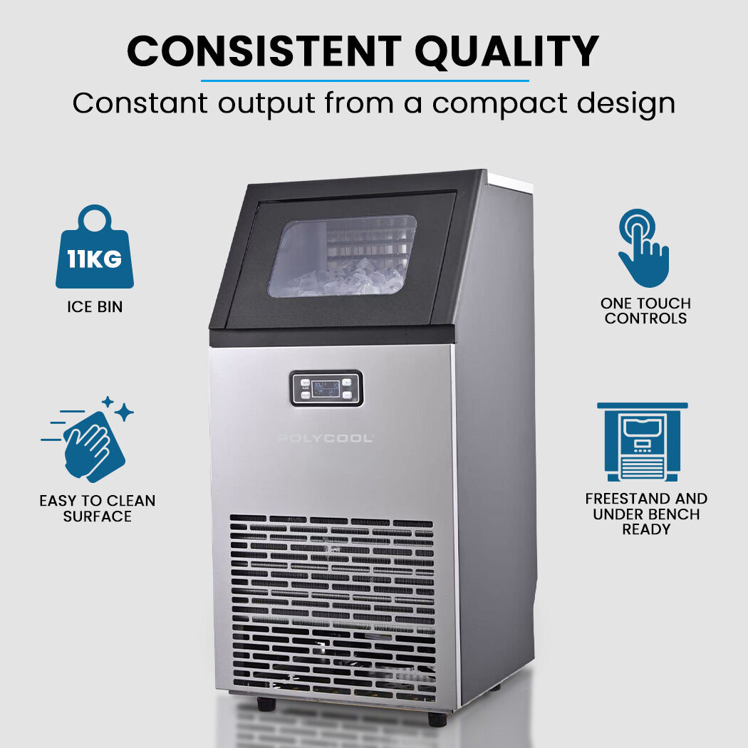 Front view of the 60 kg ice maker with stainless steel fascia