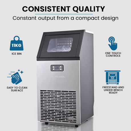 Front view of the 60 kg ice maker with stainless steel fascia