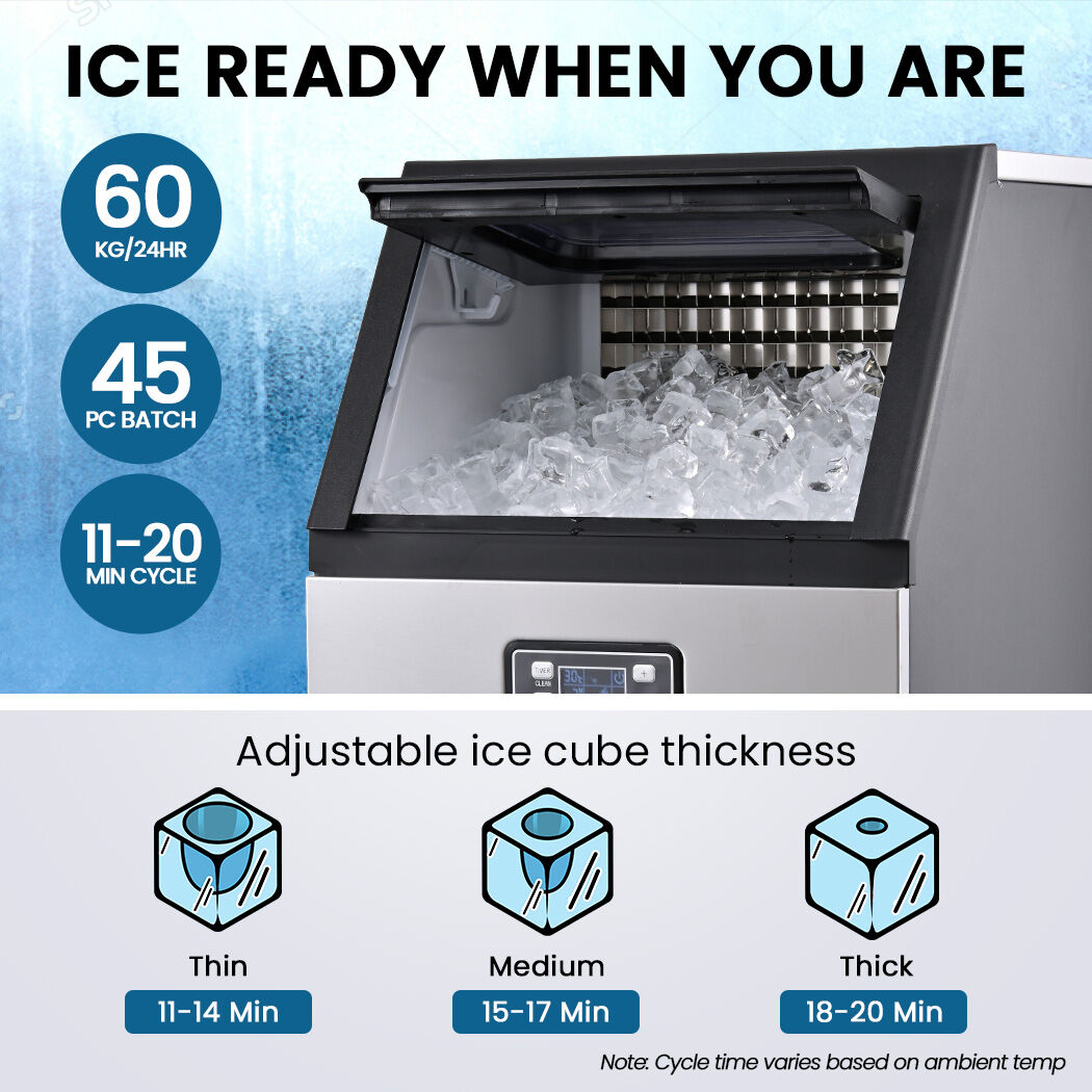 21 mm square ice cubes produced by the commercial ice maker