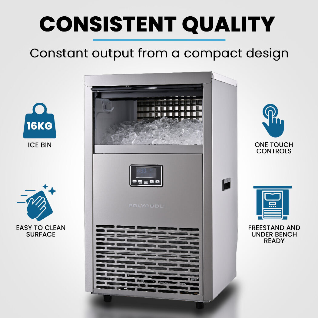 Front view of the 75 kg ice maker with stainless steel exterior