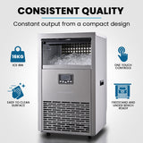 Front view of the 75 kg ice maker with stainless steel exterior