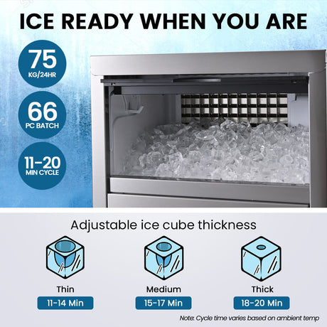 21 mm square ice cubes produced by the commercial ice maker