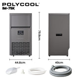Stainless steel commercial ice maker shown from the side