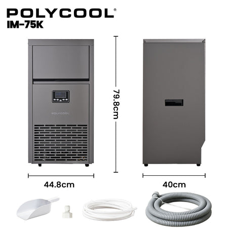 Stainless steel commercial ice maker shown from the side