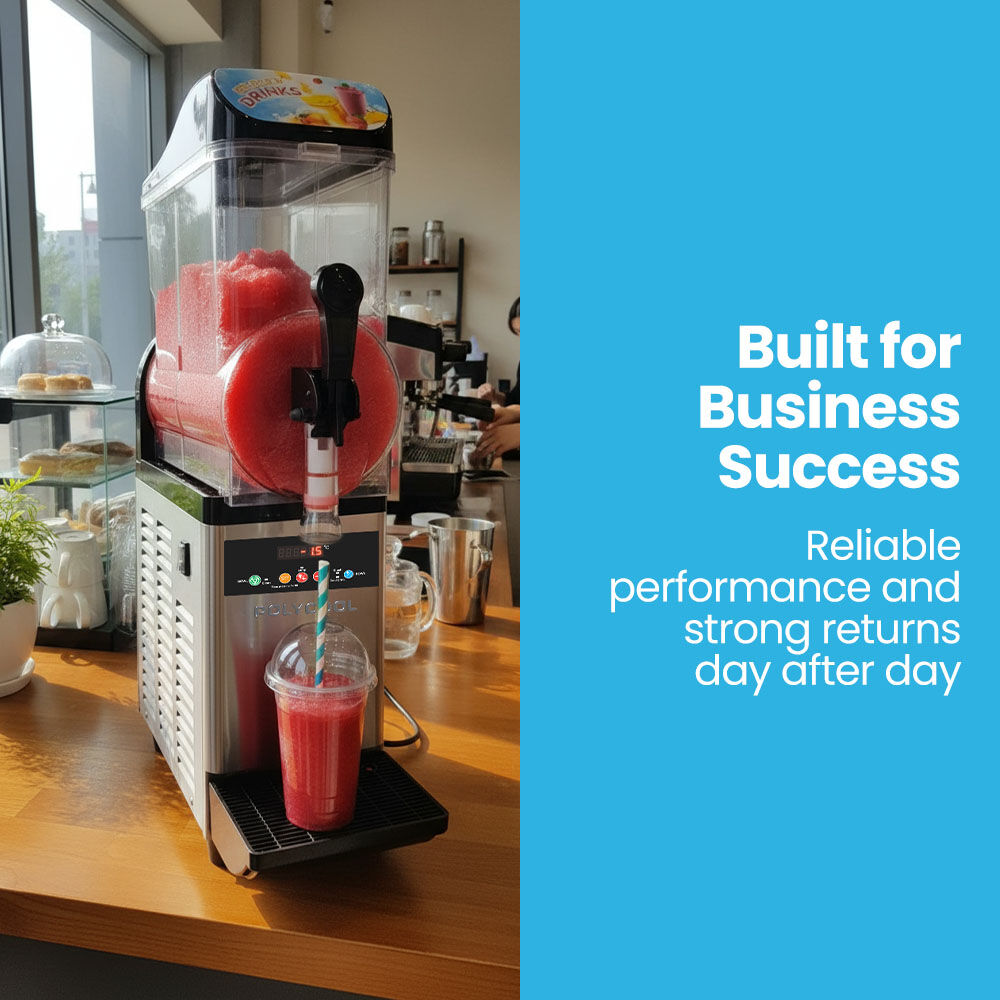Slush machine shown on a cafe counter serving frozen drinks