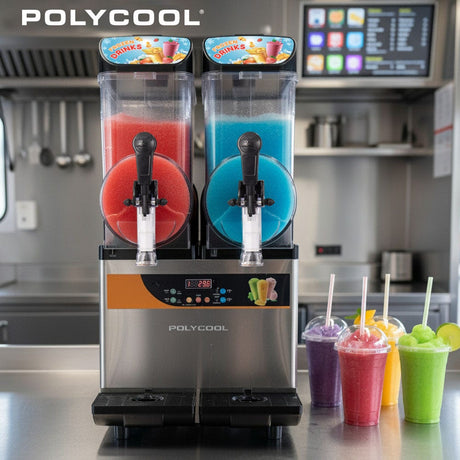 Slush machine serving frozen drinks on a commercial counter