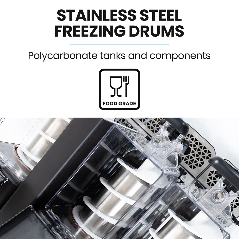 Three polycarbonate tanks holding different slushy flavours