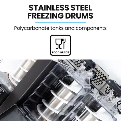Three polycarbonate tanks holding different slushy flavours