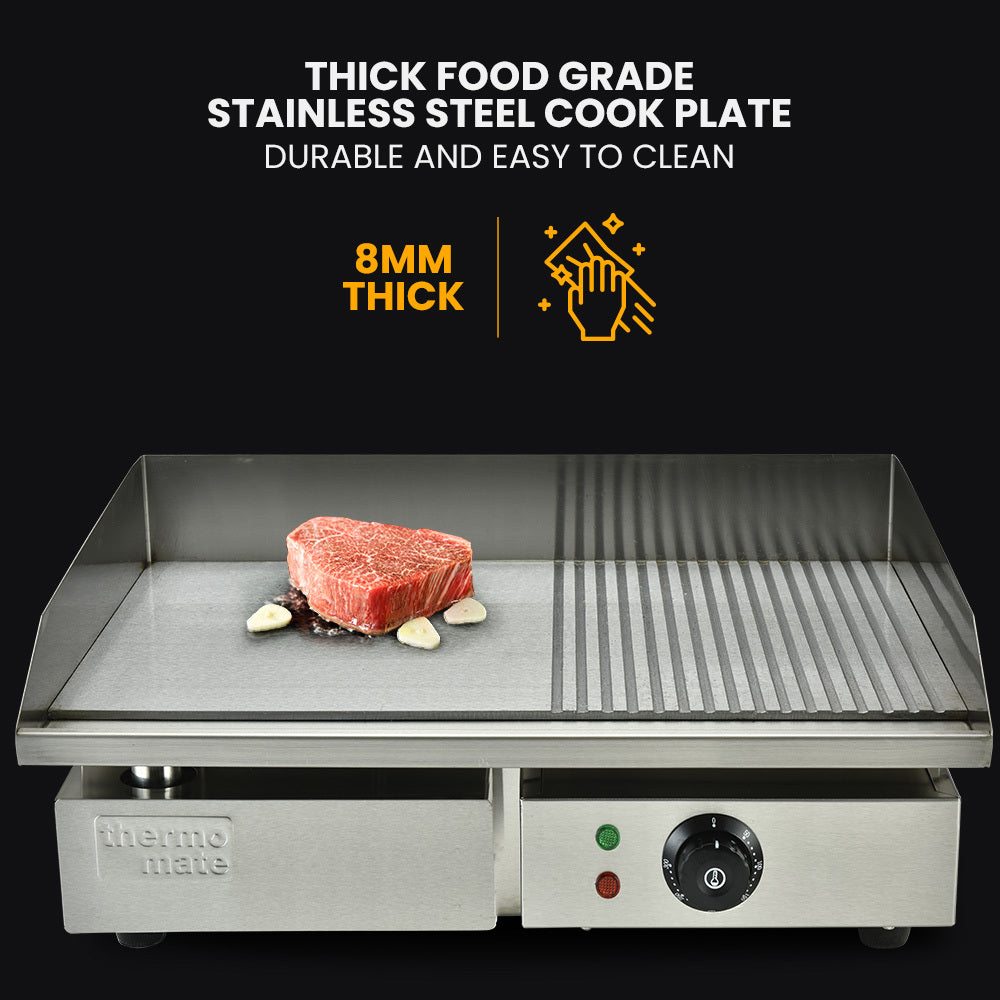 THERMOMATE Commercial Electric Griddle TH-G04, 2400W 55x35cm Half Ribbed Surface