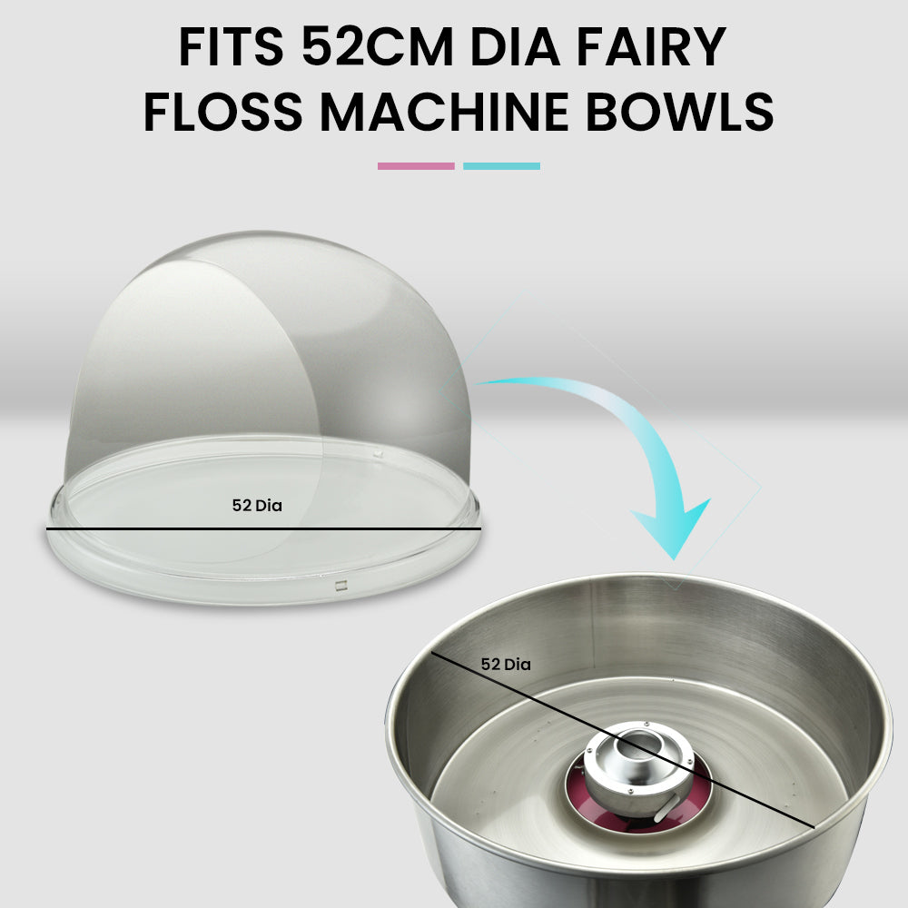 Clear dome bubble cover for a 52 cm fairy floss machine bowl