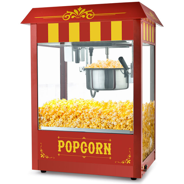 Commercial popcorn machine with tempered glass cabinet and vintage styling
