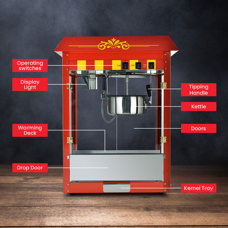 Front view of the 1440 W popcorn machine filled with fresh popcorn