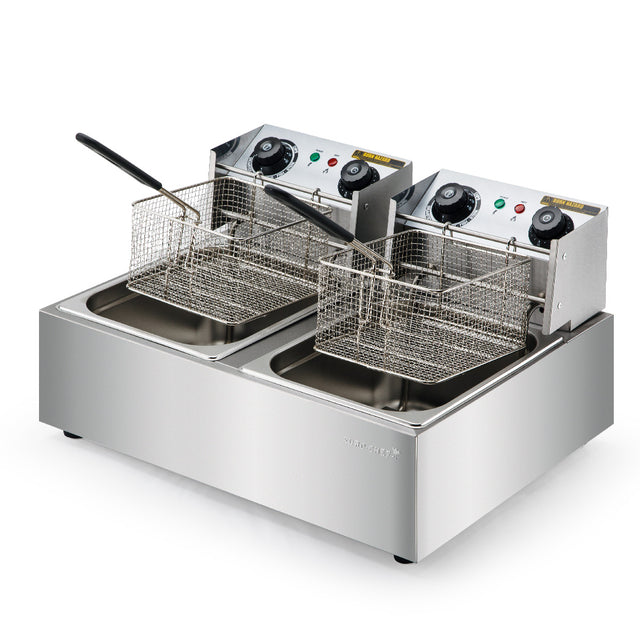 Twin tank commercial stainless steel deep fryer with two frying baskets