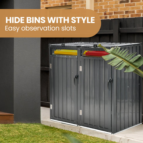Double Wheelie Bin Storage Shed with 2 Doors - Galvanised Steel