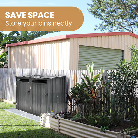 Double Wheelie Bin Storage Shed with 2 Doors - Galvanised Steel