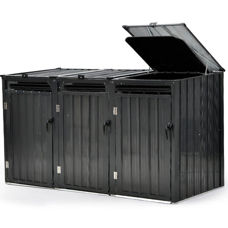 Galvanised steel triple wheelie bin storage shed with three doors