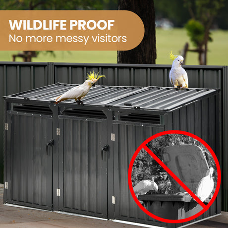 Galvanised steel triple wheelie bin storage shed with three doors (view 4)