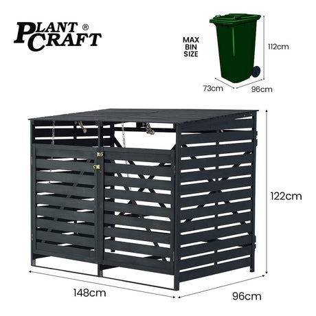Timber bin enclosure with front doors open showing two bins