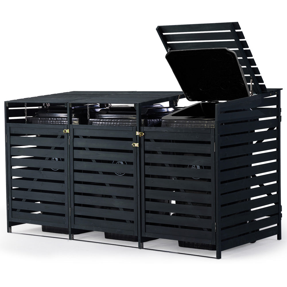 Timber triple wheelie bin storage shed, front view