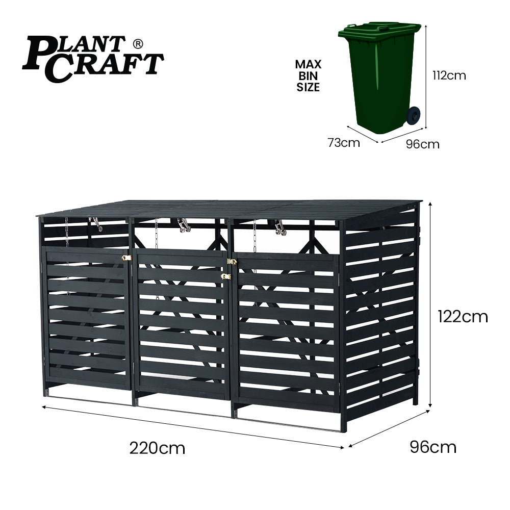 Timber bin enclosure with front doors open showing three bins