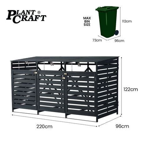 Timber bin enclosure with front doors open showing three bins