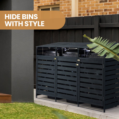 Wooden triple wheelie bin storage shed side view