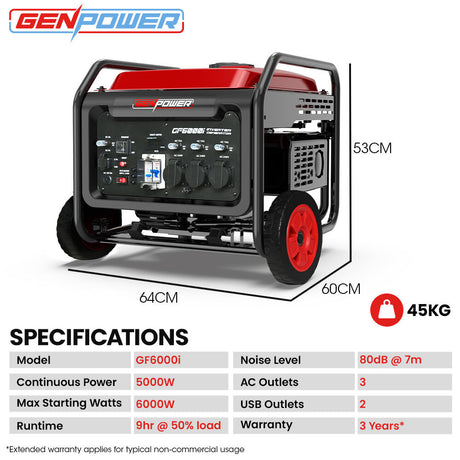 Portable Inverter Generator, 6kW Peak 5kW Open Frame Petrol, view 2