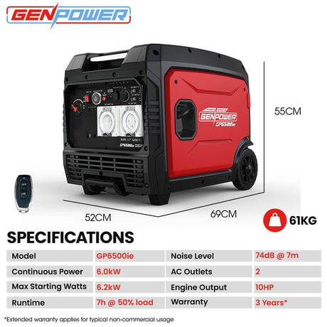 Portable Inverter Generator, 6.2kW Peak 6.0kW Remote Start 15L Tank
