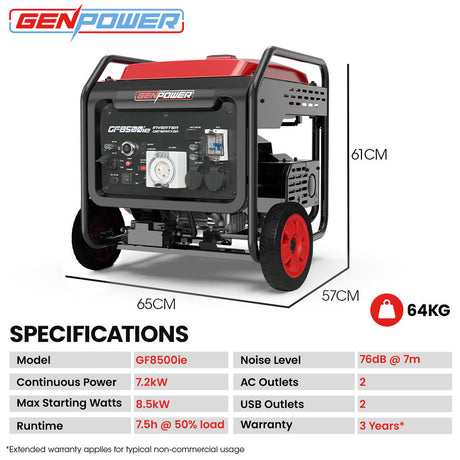 Portable Open Frame Inverter Generator, 8.5kW Peak 7.2kW Push Button Start 20L Tank