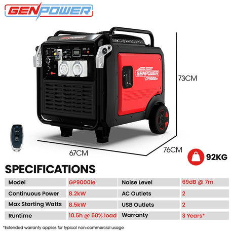 Portable Inverter Generator, 8.5kW Peak 8.2kW ATS Compatible RCD Remote Start