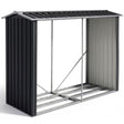 Black steel firewood storage shed with pitched roof