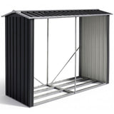 Black steel firewood storage shed with pitched roof