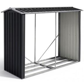 Black steel firewood storage shed with pitched roof